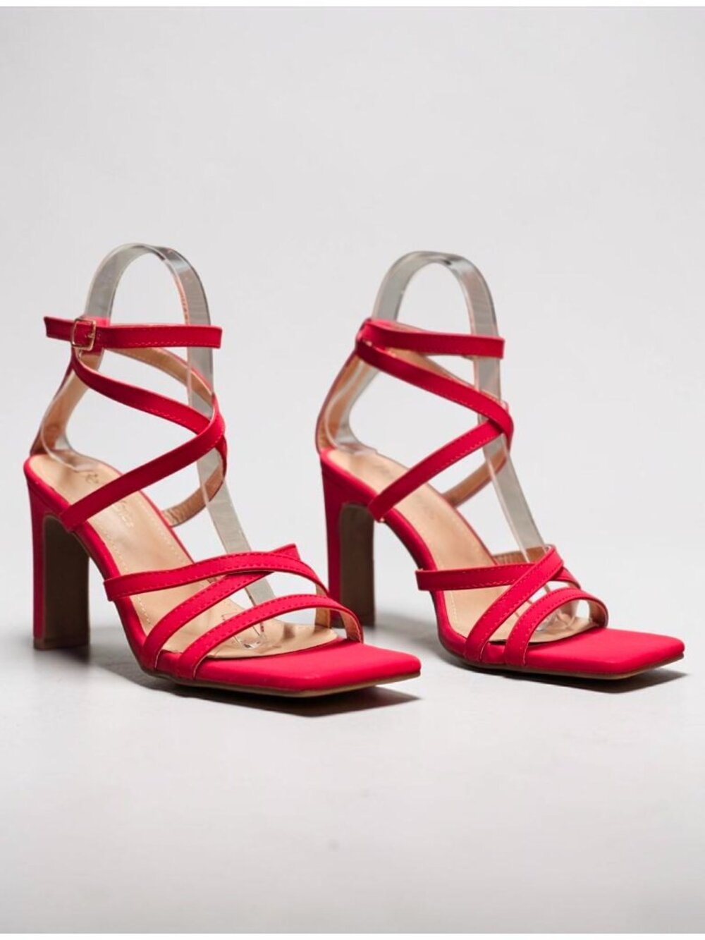 Red Strappy High-Heel Sandals With Square Toe & Adjustable Ankle Strap - Bella M